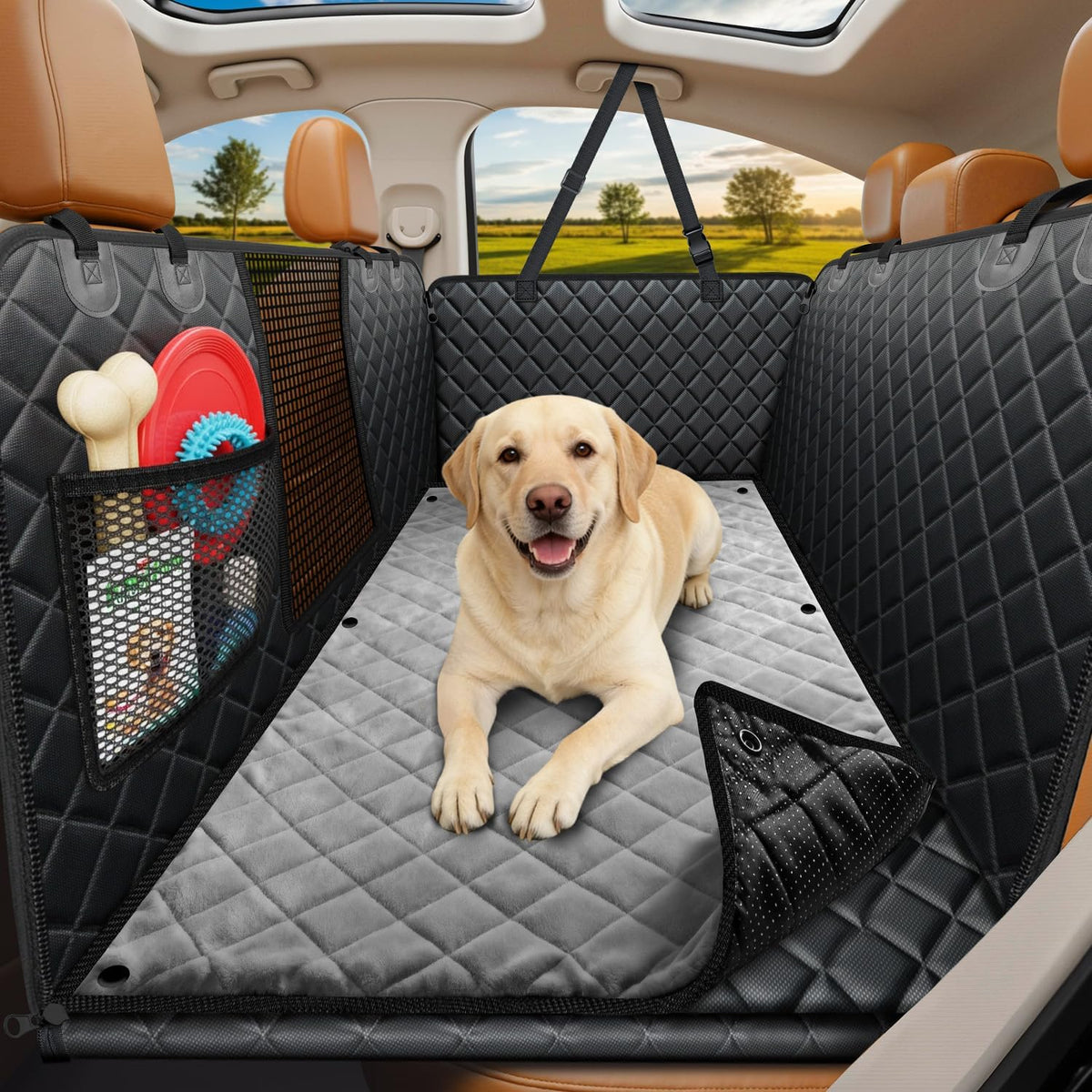 Hard Bottom Dog Car Seat Cover, Back Seat Extender with Blanket | 400 Lbs Support, 45% More Space, Waterproof, Mesh Window, Scratch Resistant, Non-Slip, Easy Care, Dog Seat Belt Included