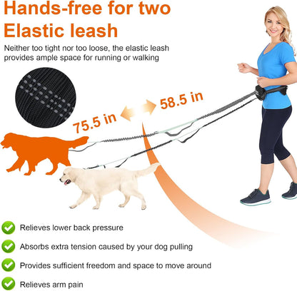 Hand Free Dog Leash with Pouch, Dog Walking Belt Retractable Leash for 2 Dogs with Dual Handles for Running Walking Jogging Pet Belt