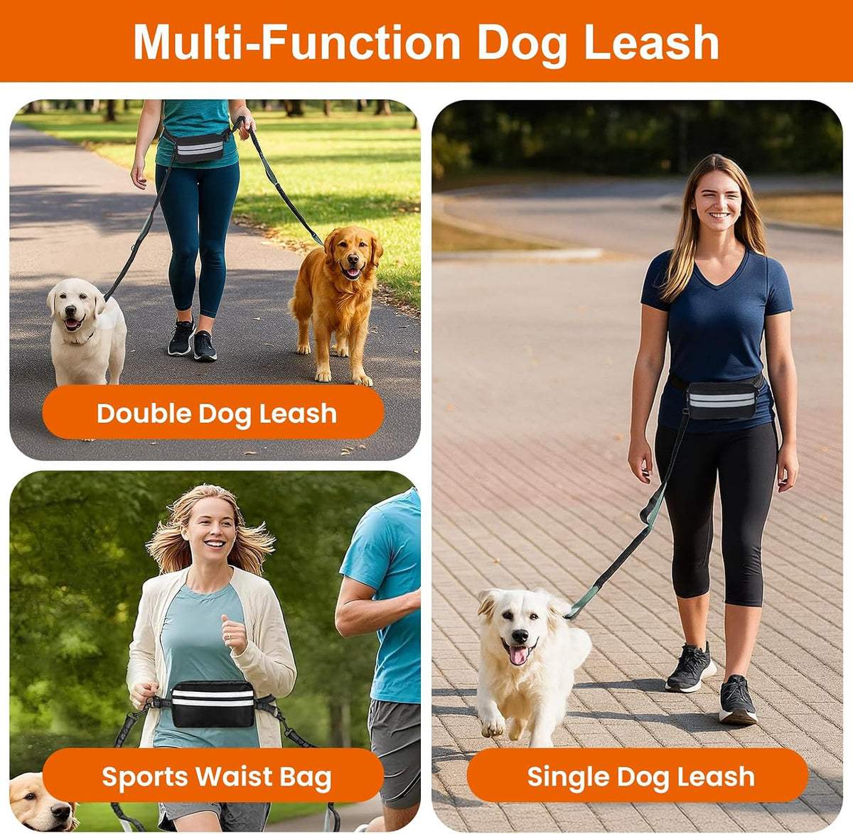 Hand Free Dog Leash with Pouch, Dog Walking Belt Retractable Leash for 2 Dogs with Dual Handles for Running Walking Jogging Pet Belt