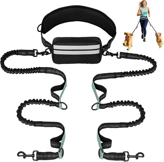 Hand Free Dog Leash with Pouch, Dog Walking Belt Retractable Leash for 2 Dogs with Dual Handles for Running Walking Jogging Pet Belt