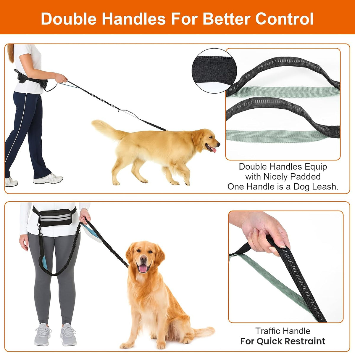 Hand Free Dog Leash with Pouch, Dog Walking Belt Retractable Leash for 2 Dogs with Dual Handles for Running Walking Jogging Pet Belt