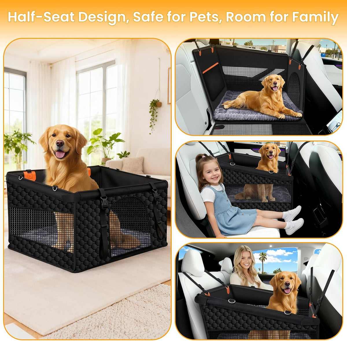 Large Dog Car Seat Cover with Dog Bed Mat for Back Seat Half - Single Seat Travel Hammock Extender, Waterproof Hard Bottom for Medium & Large Dogs, Car SUV Truck Vehicle