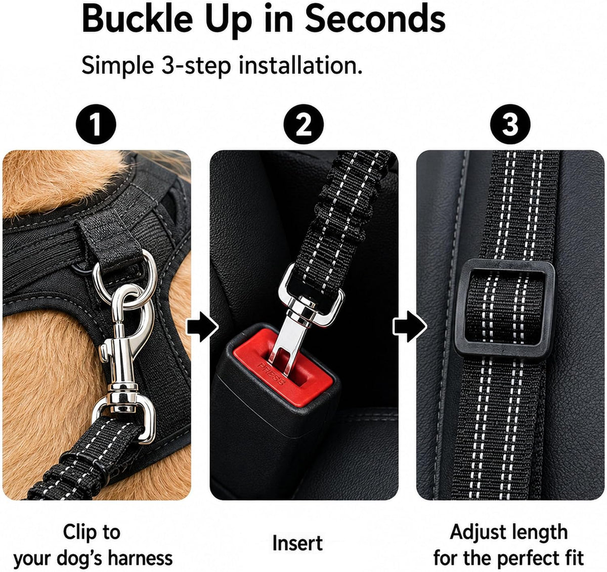 Dog Seat Belt 2Pcs, Retractable Pet Car Harness, Adjustable Dog Seat Belts | Nylon Pet Seat Belt for Vehicle, Safety with Elastic Bungee (Black)