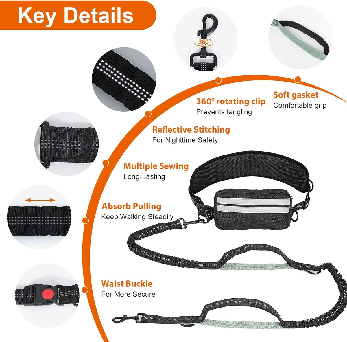 Hand Free Dog Leash with Pouch, Dog Walking Belt Retractable Leash for 2 Dogs with Dual Handles for Running Walking Jogging Pet Belt